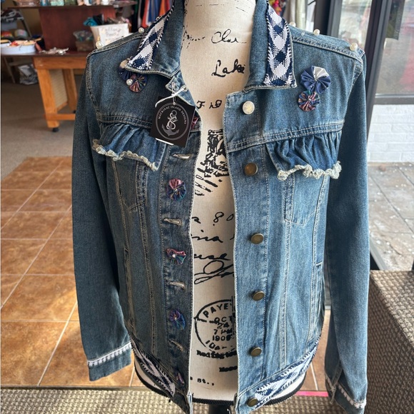 Stylish Blue Jean Jacket with Patterned Collar Pearls and Crystals, Lace Heart - Picture 2 of 2